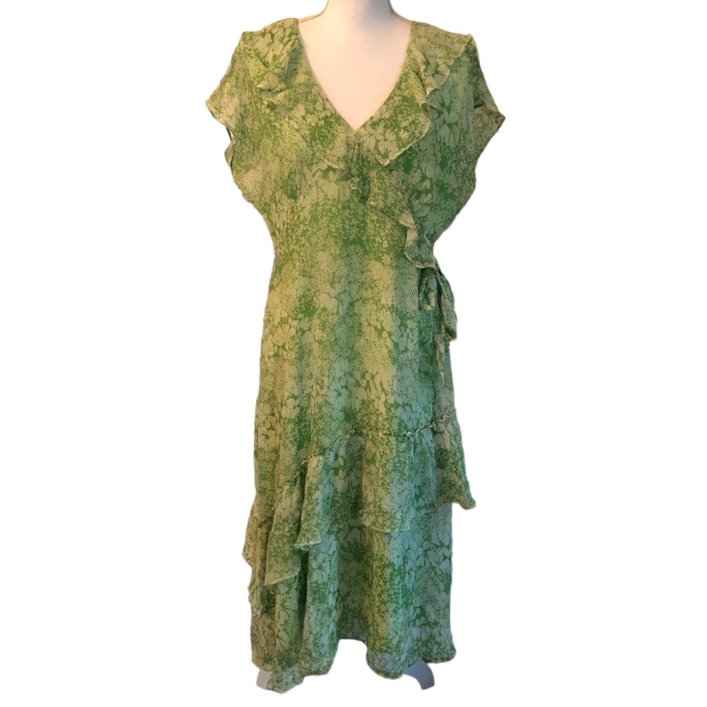 Sundance Silk Slow Dance Ruffled Green Floral Print Midi Dress Size 14